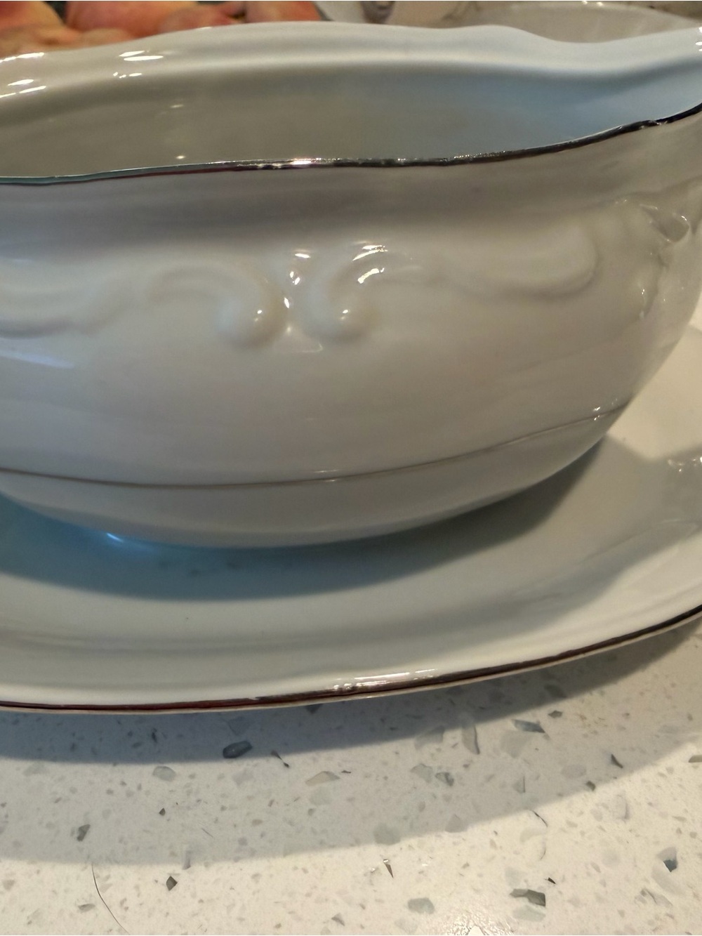 Elegant White Ceramic Serving Gravy Bowl with Silver Trim